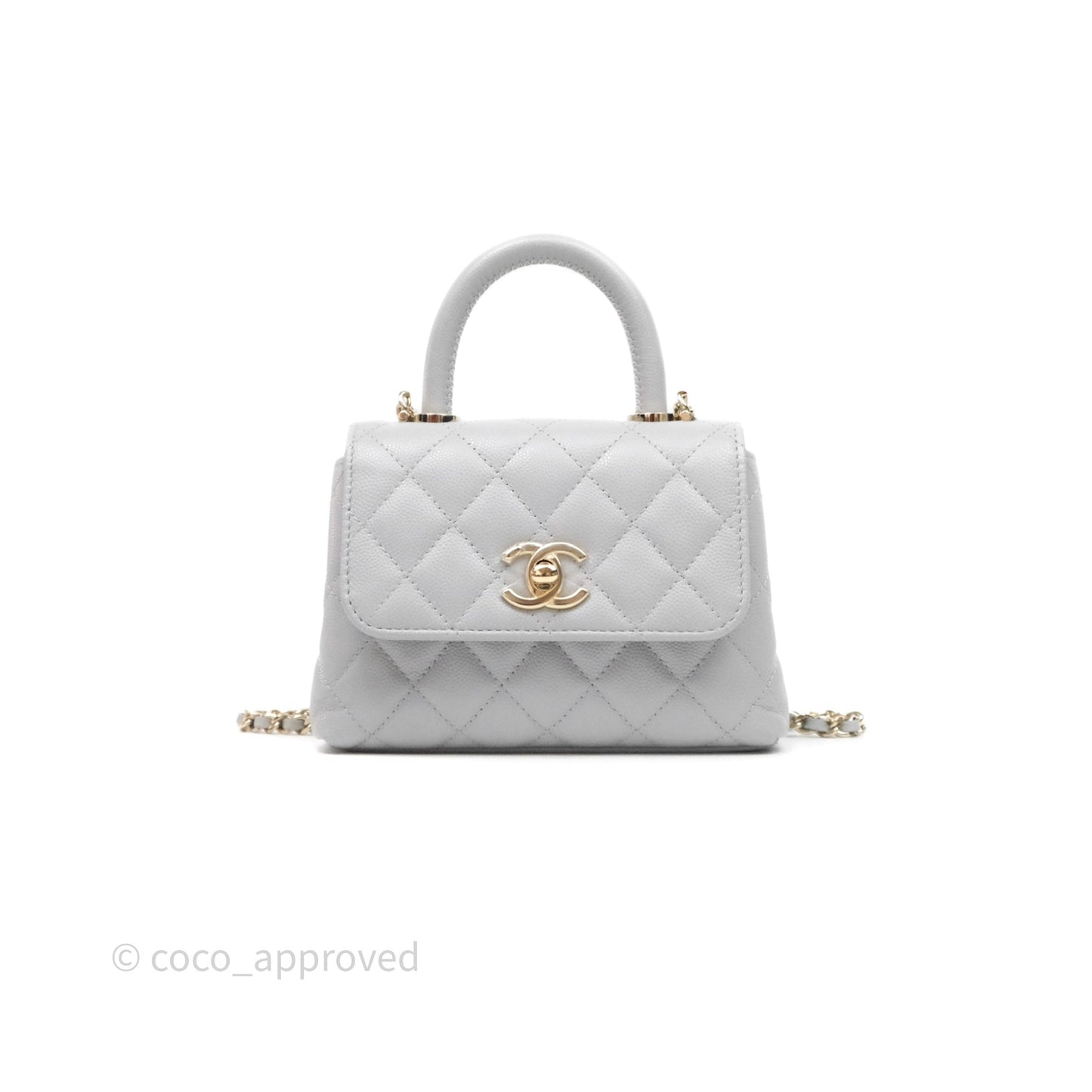 Chanel Coco Handle Clutch with Chain Quilted Light Grey Caviar Gold Hardware