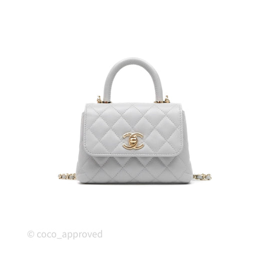 Chanel Coco Handle Clutch with Chain Quilted Light Grey Caviar Gold Hardware