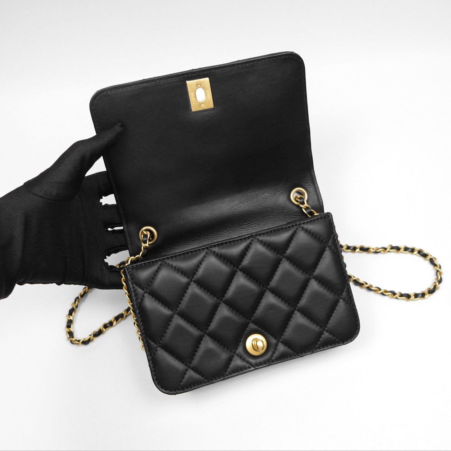 Chanel Quilted Side Chain Flap Bag Black Calfskin Aged Gold Hardware