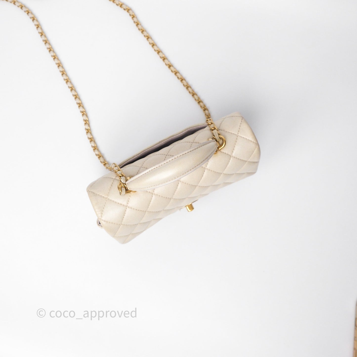 Chanel Top Handle Mini Rectangular Flap Pearly Beige Oat Lambskin Aged Gold Hardware