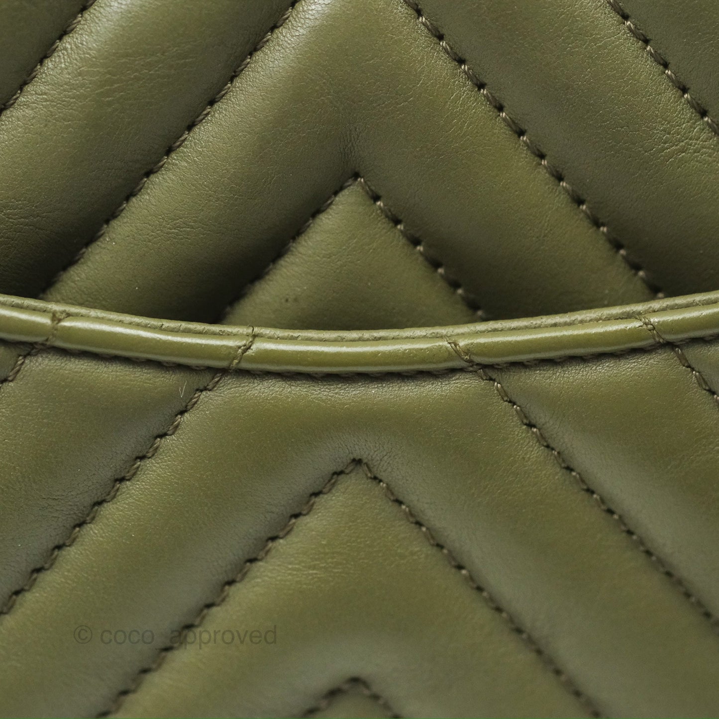 Chanel Mini Square Flap Chevron Olive Green Calfskin Gold Hardware