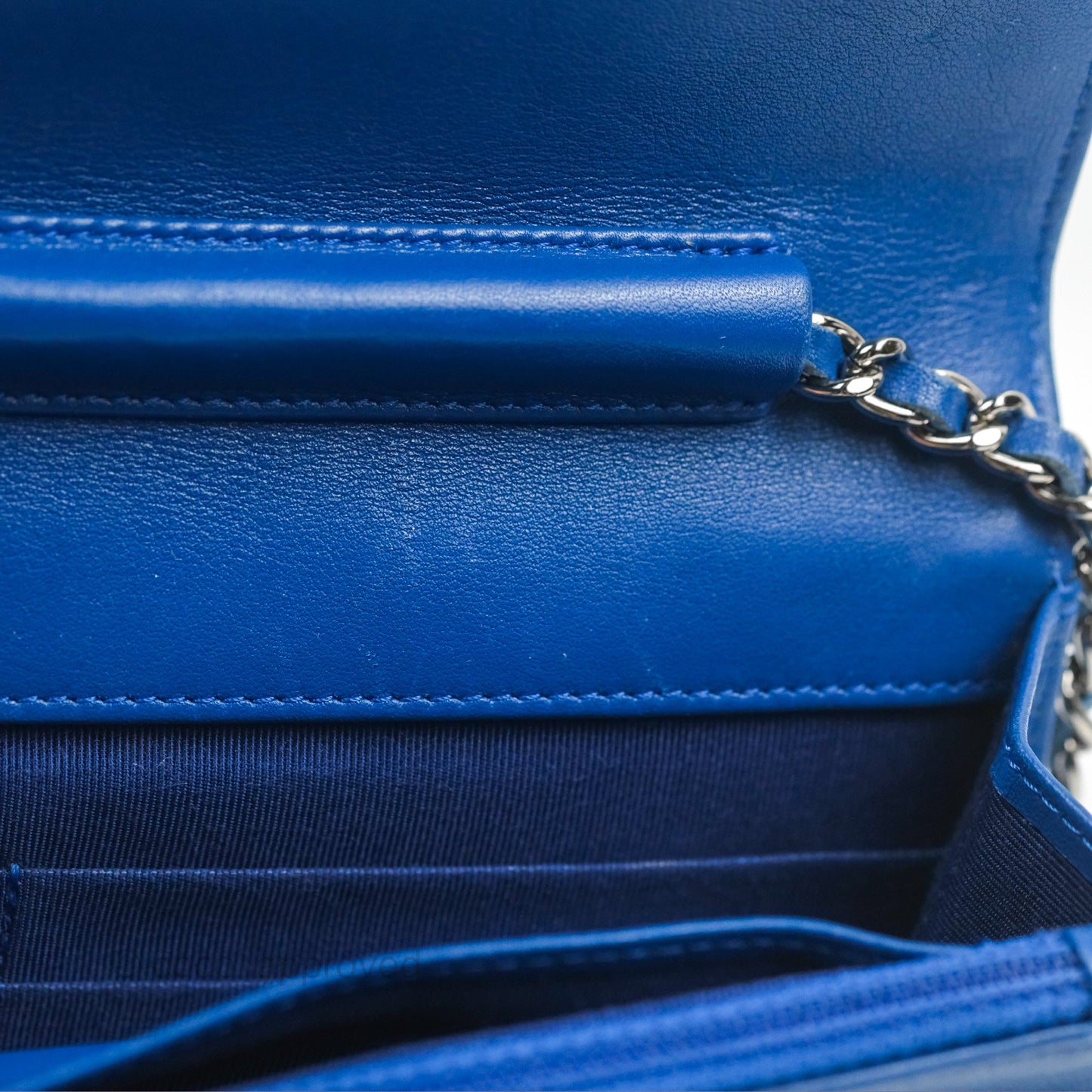 Chanel Quilted Classic Wallet on Chain WOC Blue Patent Silver Hardware