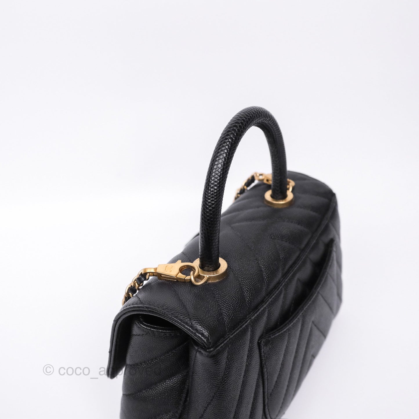 Chanel Small Coco Handle Chevron Black Caviar Aged Gold Hardware Lizard Handle