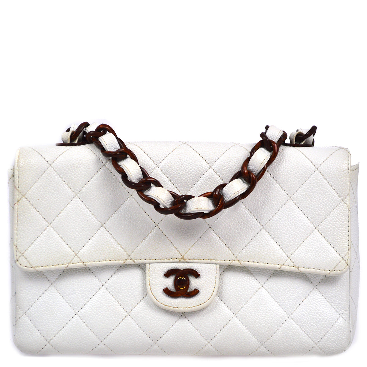 Luxury Chanel 1997-1999 White Caviar Classic Flap Acrylic Chain Shoulder Bag