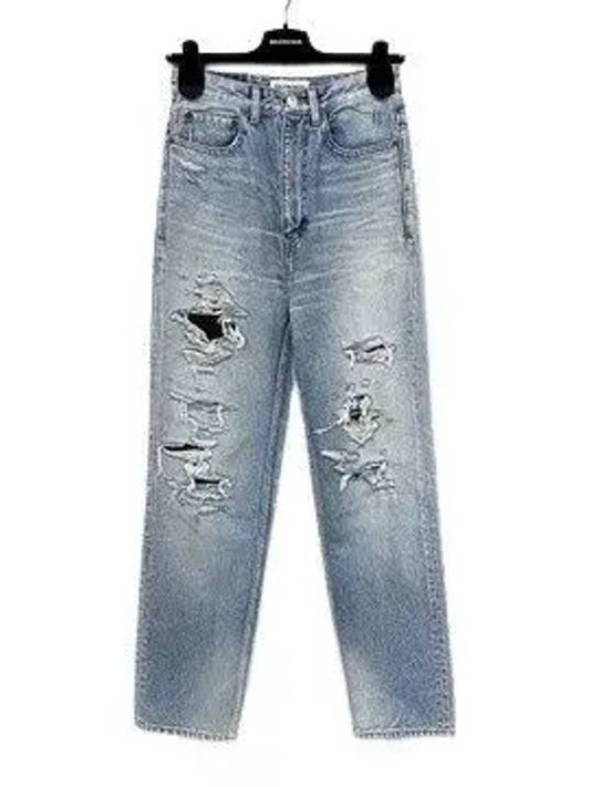 Luxury Balenciaga WoMen's Distressed Denim Straight Jeans Vintage Blue