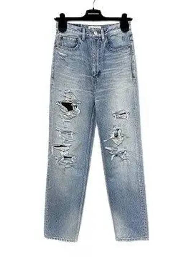 Luxury Balenciaga WoMen's Distressed Denim Straight Jeans Vintage Blue