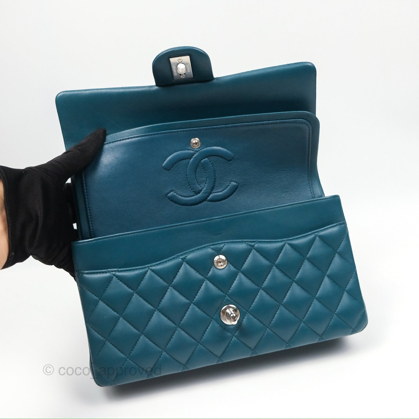 Chanel Classic M/L Medium Flap Quilted Teal Lambskin Silver Hardware