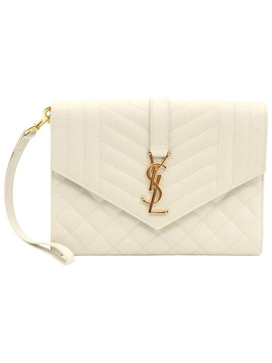 Luxury Saint Laurent Blanc Vintage White Grande Poudre Embossed Gold Monogram Envelope Strap Clutch