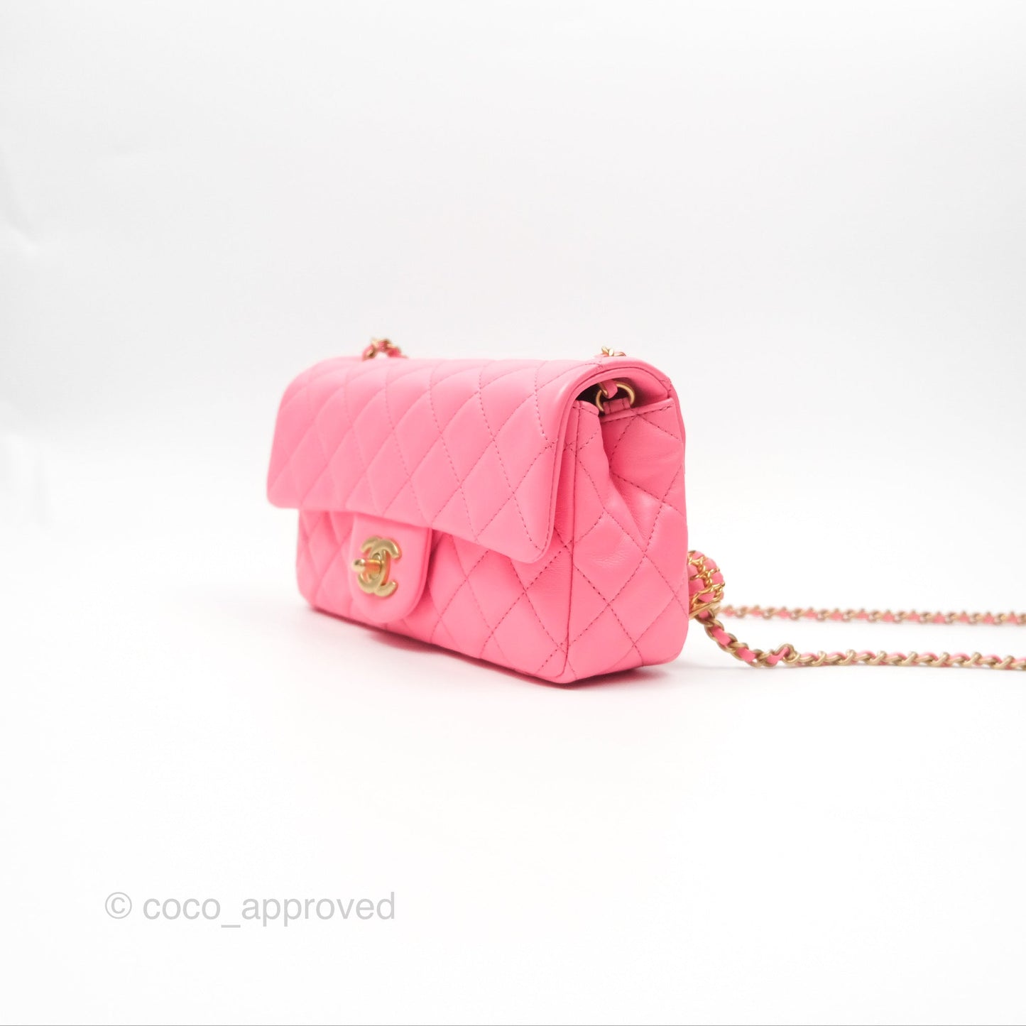Chanel Mini Rectangular Pearl Crush Quilted Pink Lambskin Aged Gold Hardware