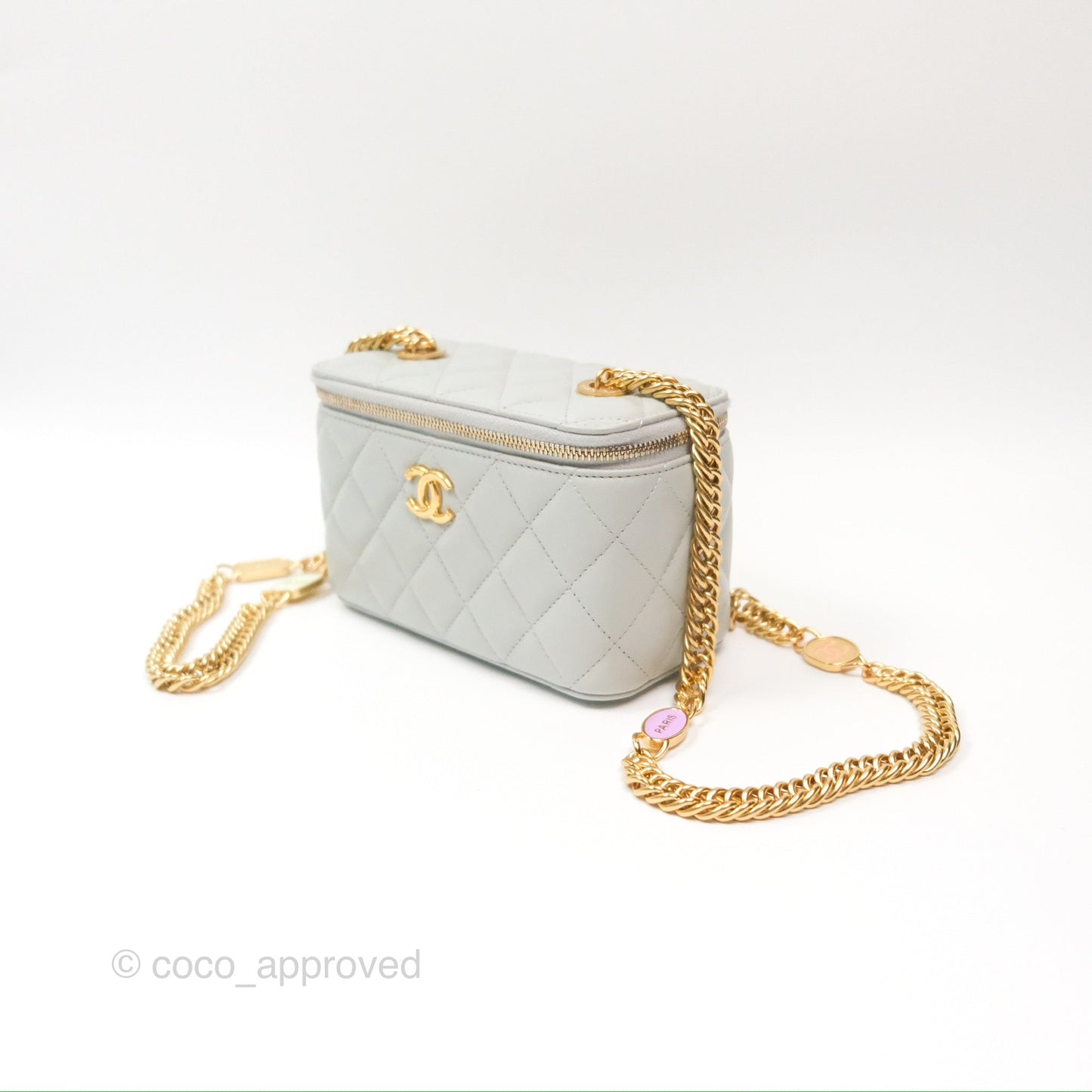 Chanel Quilted Vanity Rectangular with Chain Grey Blue Lambskin Gold Hardware
