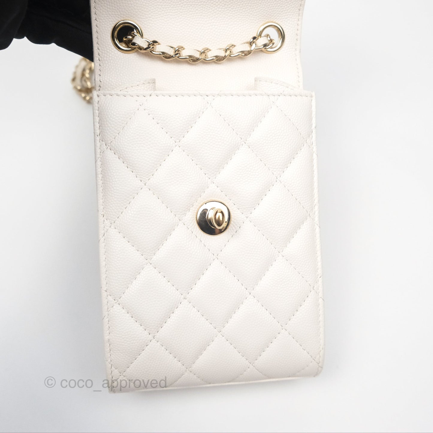Chanel Classic Quilted Phone Holder White Caviar Gold Hardware