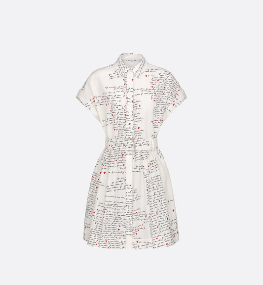 Luxury Dioramour Belted Shirtdress White Cotton And Silk Poplin With Black And Red Je Vous Adore Motif