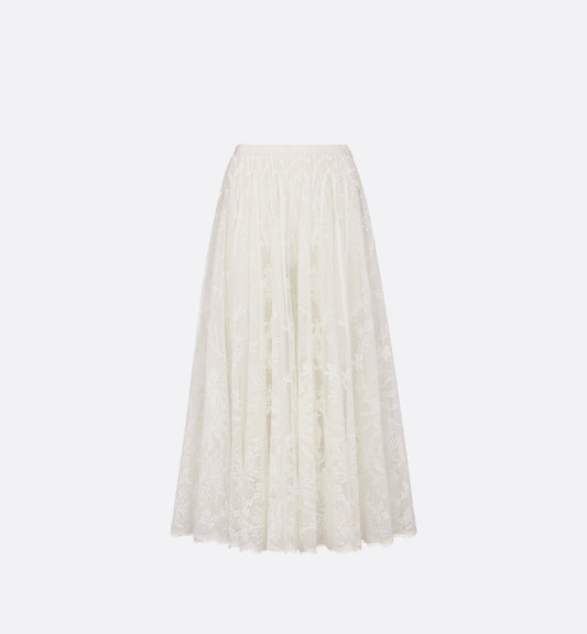 Luxury Dioriviera Flared Mid Length Skirt White Toile De Jouy Soleil Technical Cotton Lace