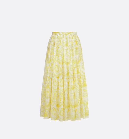 Luxury Dioriviera Mid Length Skirt White And Lemon Yellow Cotton Muslin With Toile De Jouy Soleil Motif
