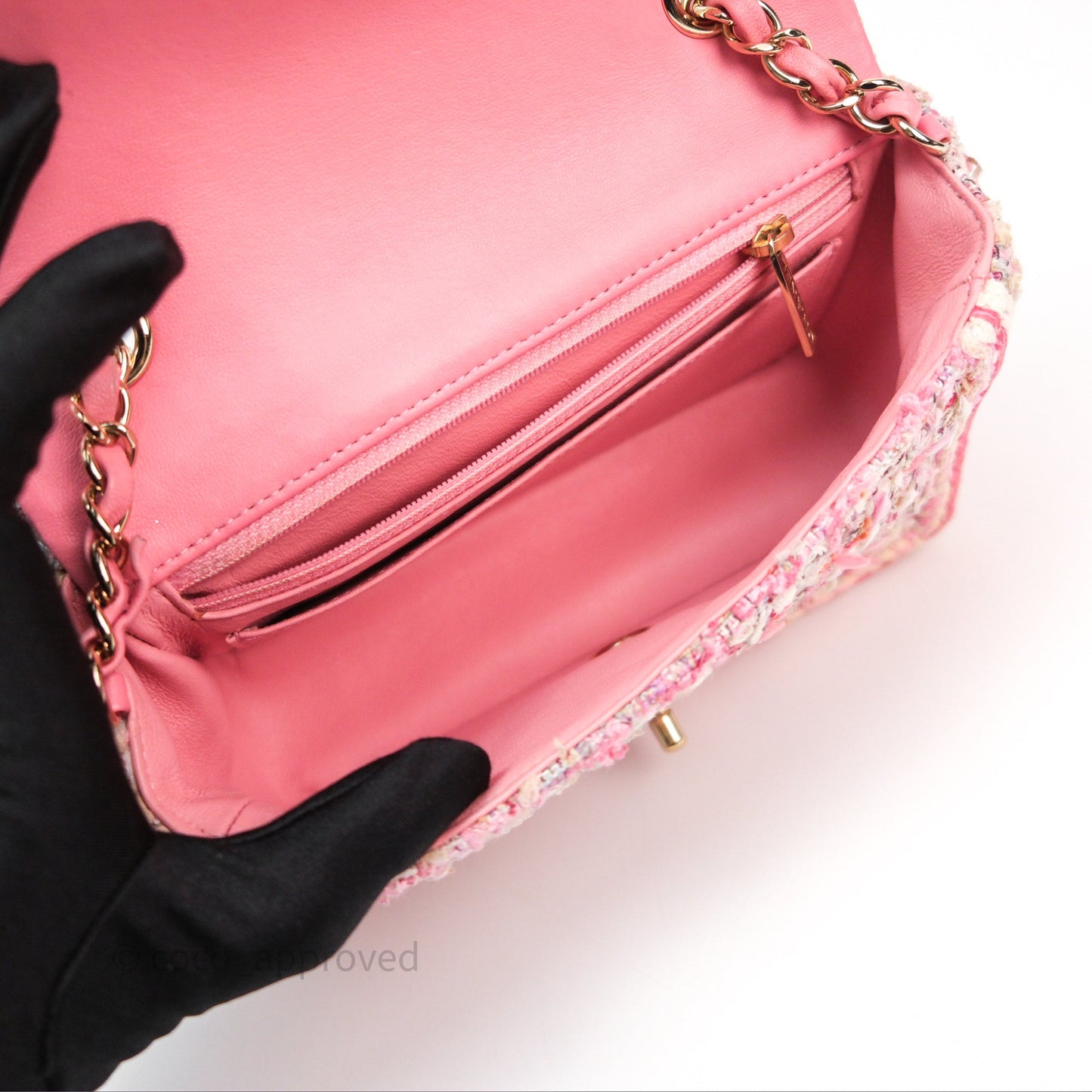 Chanel Mini Rectangular Flap Pink Tweed Braid Gold Hardware