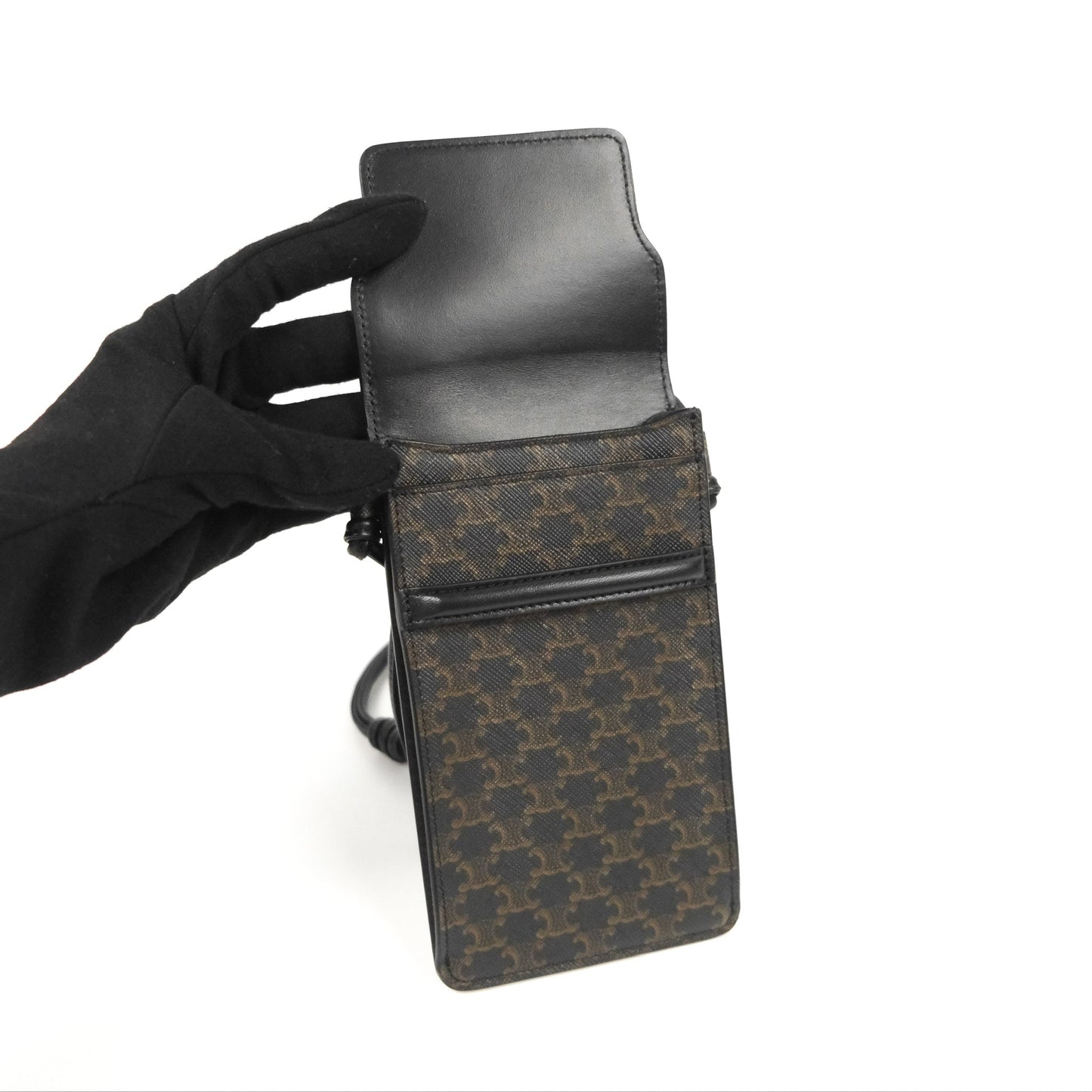 Celine Phone Pouch with Flap Black Triomphe Canvas Lambskin