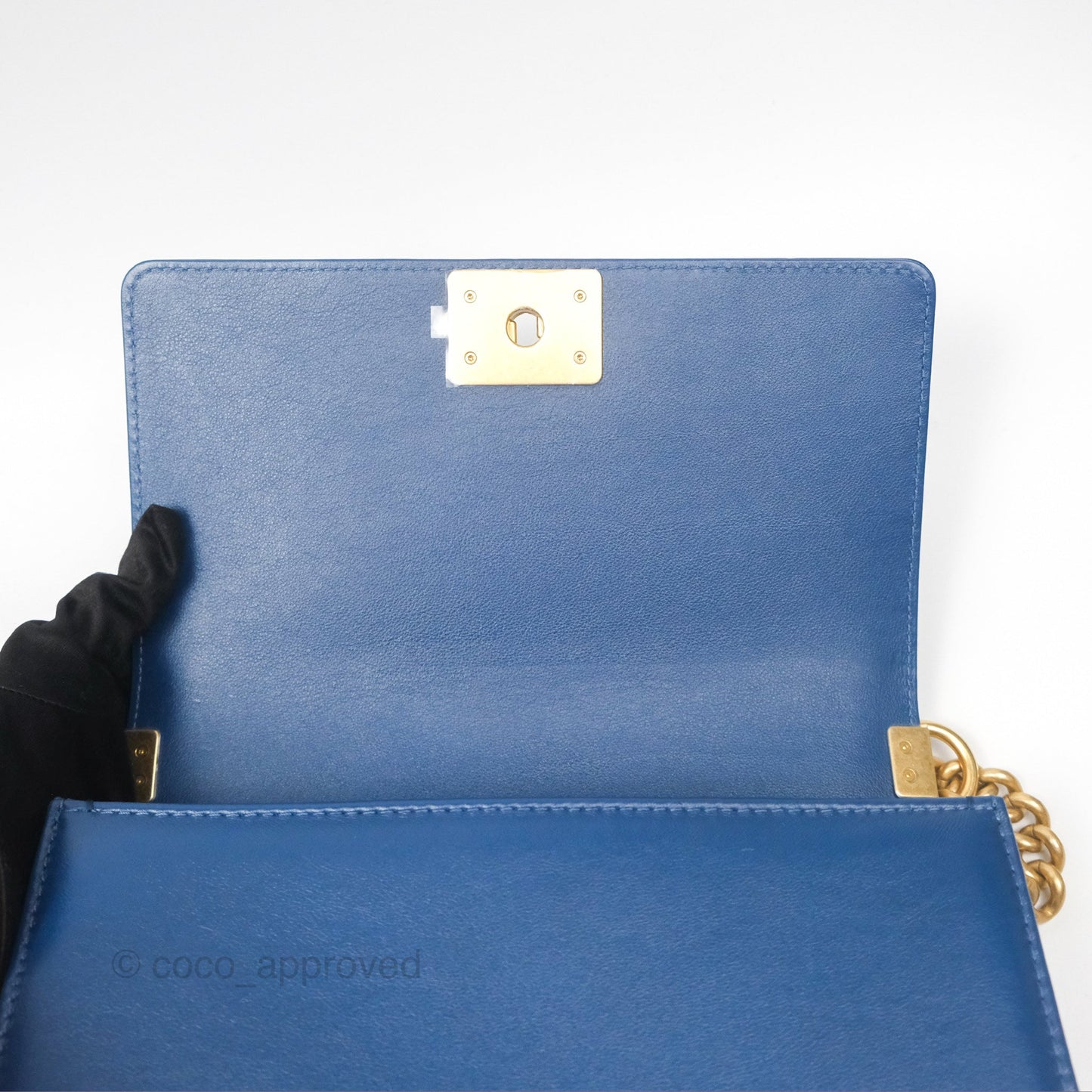 Chanel Quilted Medium Boy With Handle Dark Blue Calfskin Aged Gold Hardware