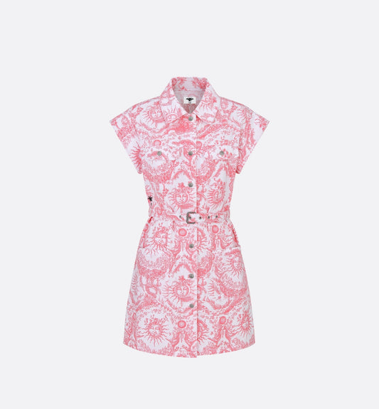 Luxury Dioriviera Short Shirt Dress White And Candy Pink Cotton Denim With Toile De Jouy Soleil Motif