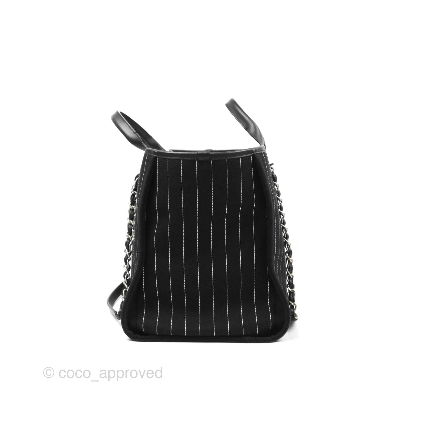 Chanel Large Deauville Black White Striped Canvas Aged Silver Hardware 23S