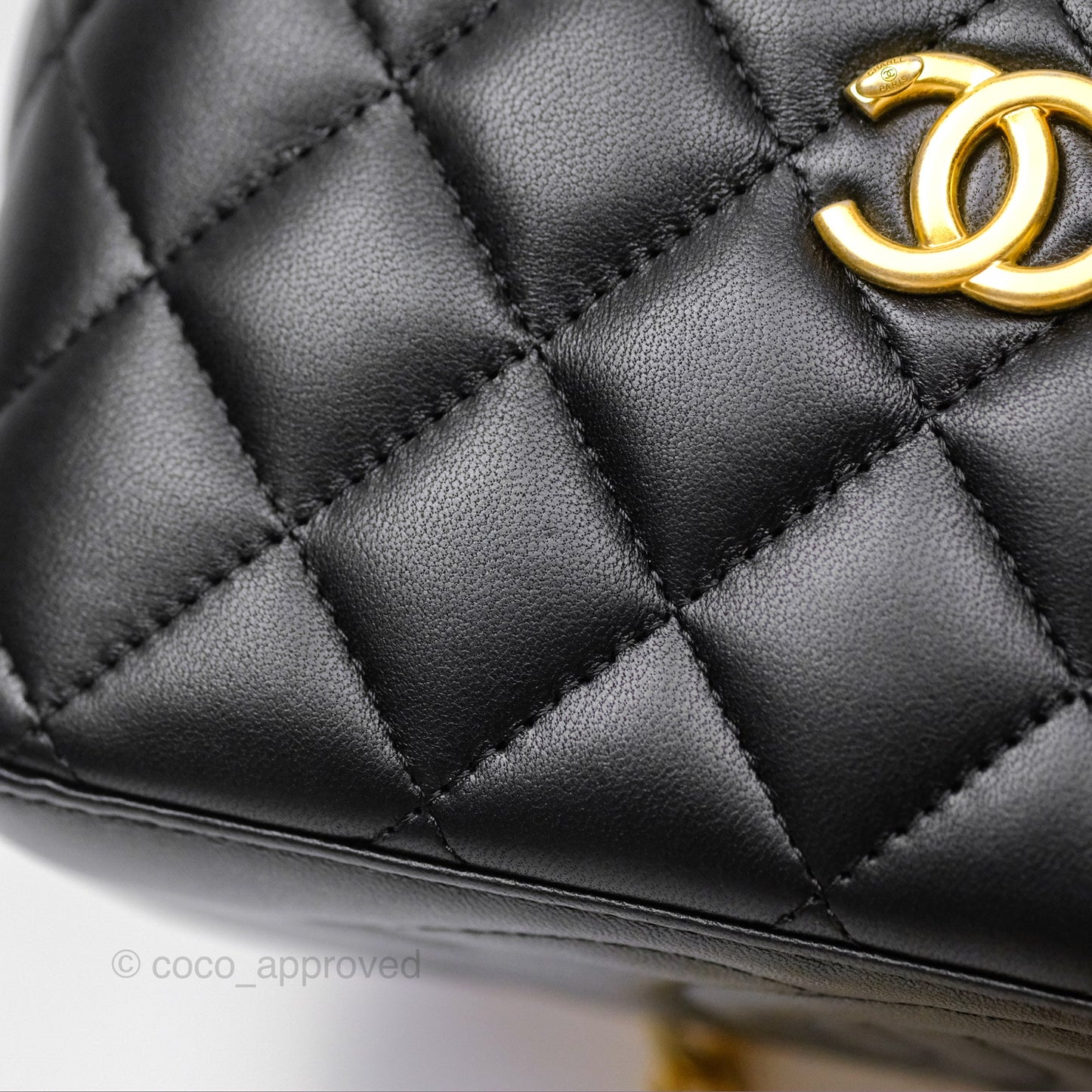 Chanel Quilted Vanity Rectangular with Camellia Adjustable Chain Black Lambskin 23S