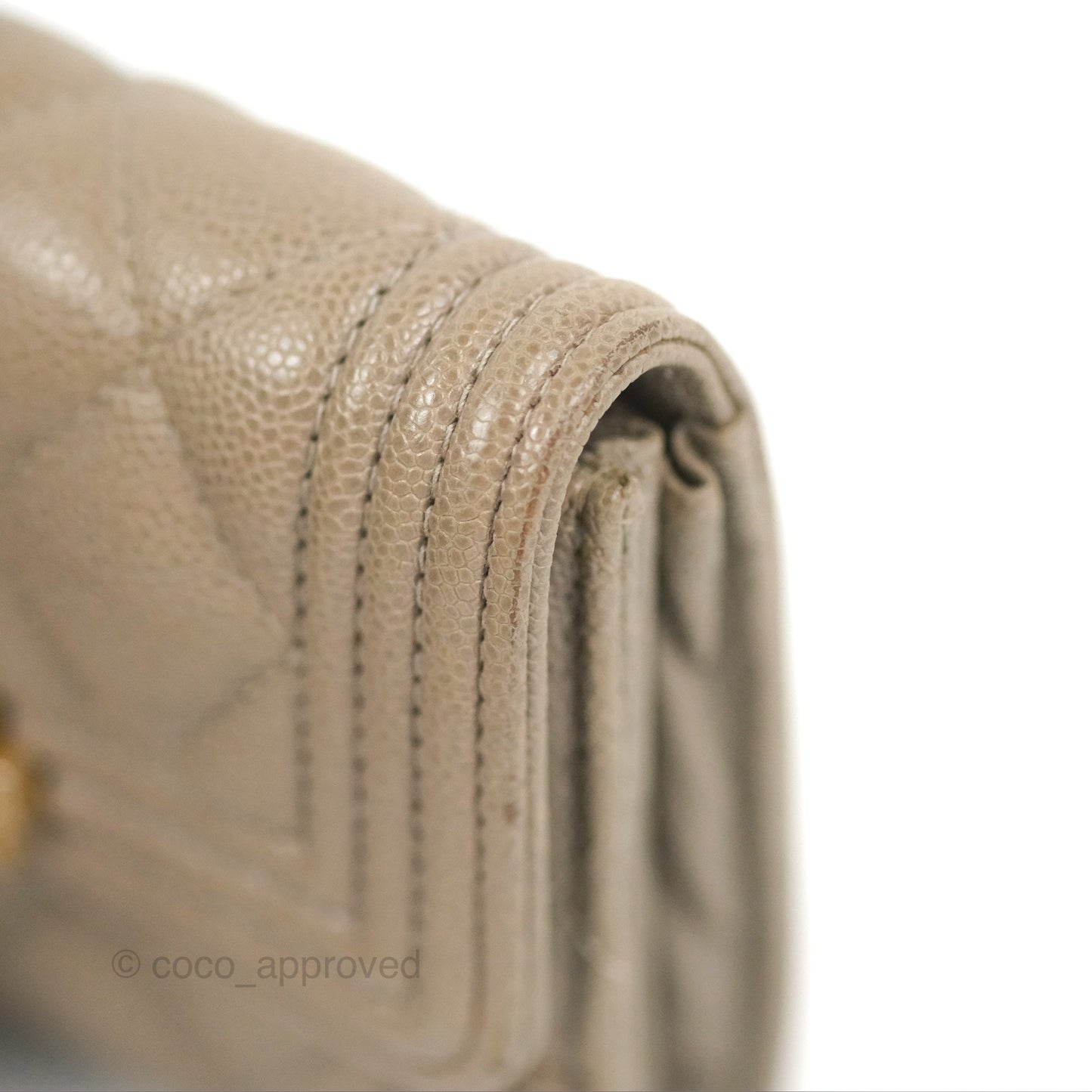 Chanel Quilted Boy Flap Card Holder Taupe Grey Caviar Aged Gold Hardware