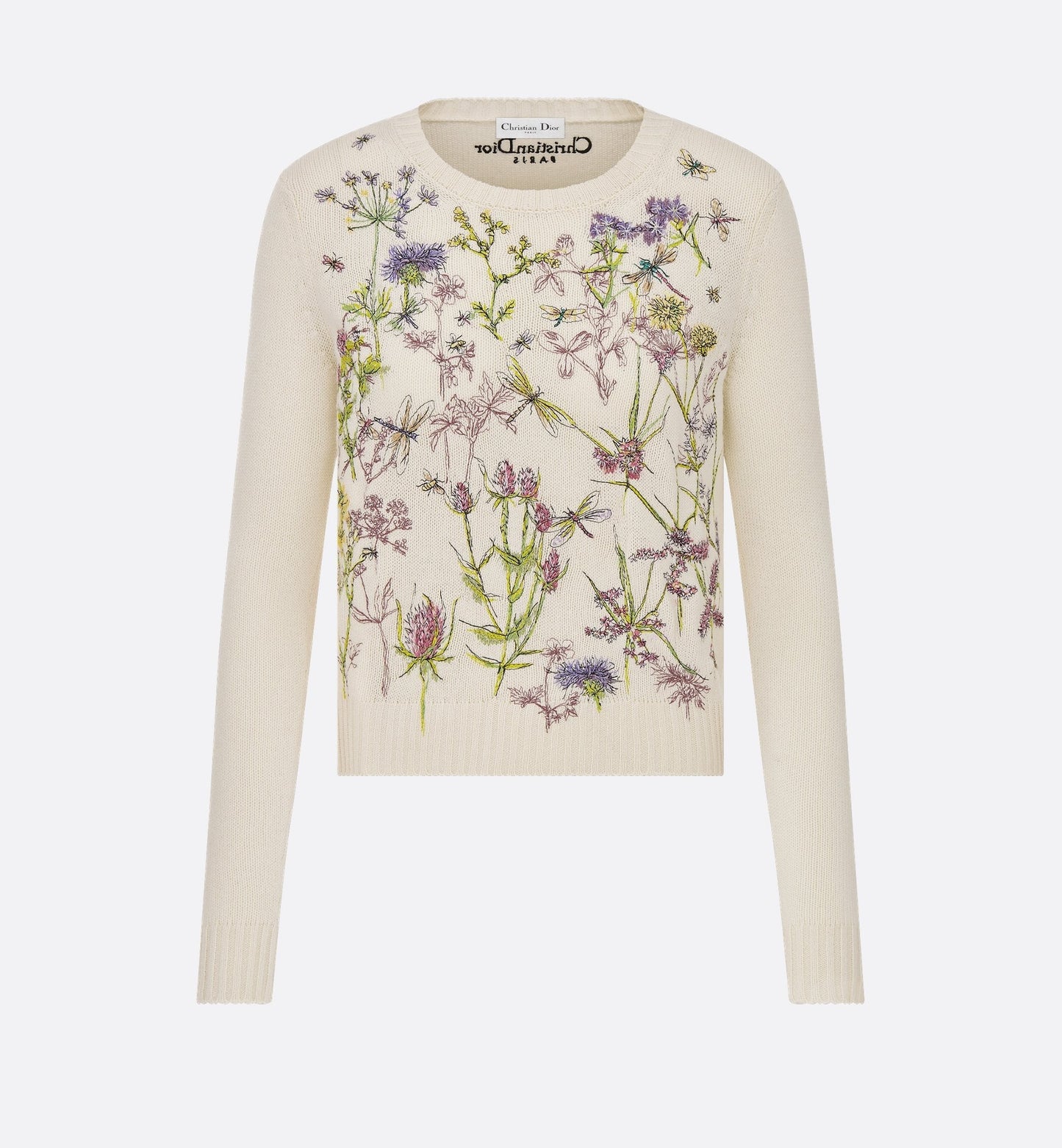 Embroidered Sweater White Cashmere Knit With Multicolor Luxury Dior Herbarium Motif