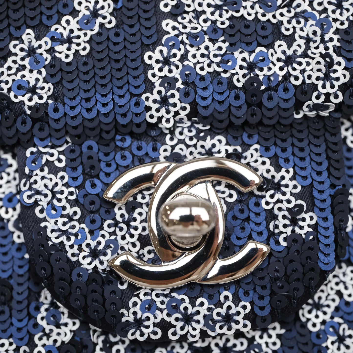 Chanel Medium CC Sequins Flap Bag White/ Navy Silver Hardware 19P
