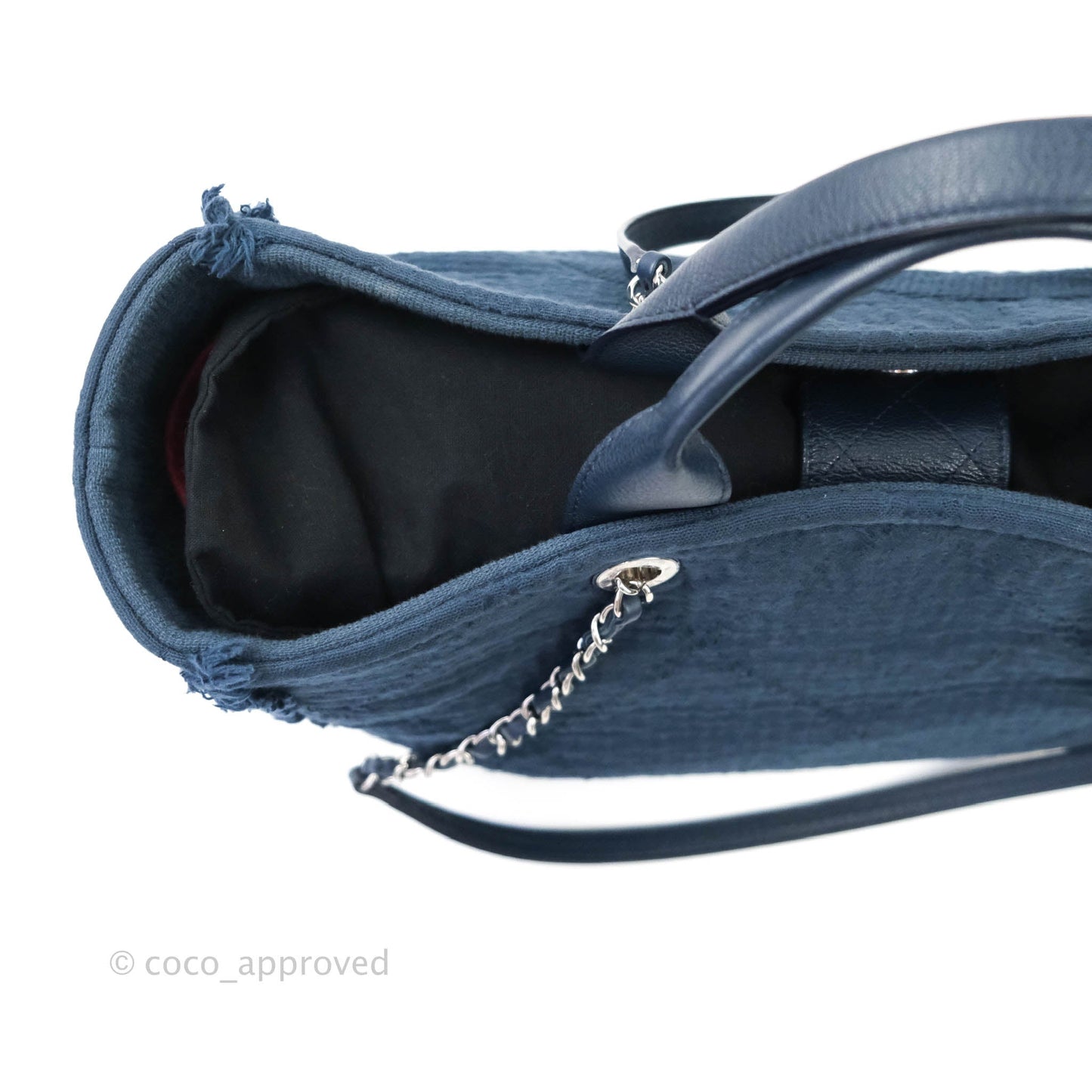 Chanel Large Fabric Navy Blue Shopping Bag Silver Hardware