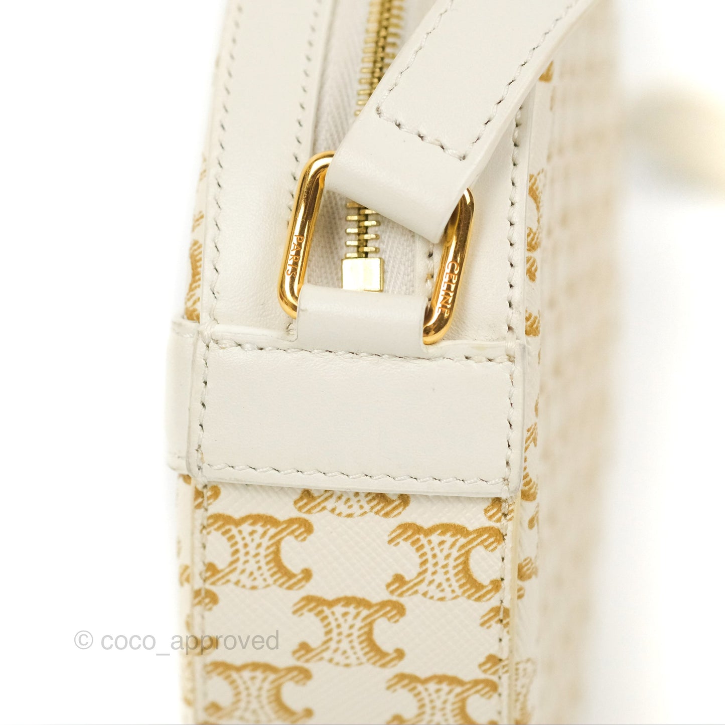 Celine Round Purse on Strap Triomphe Canvas White Calfskin