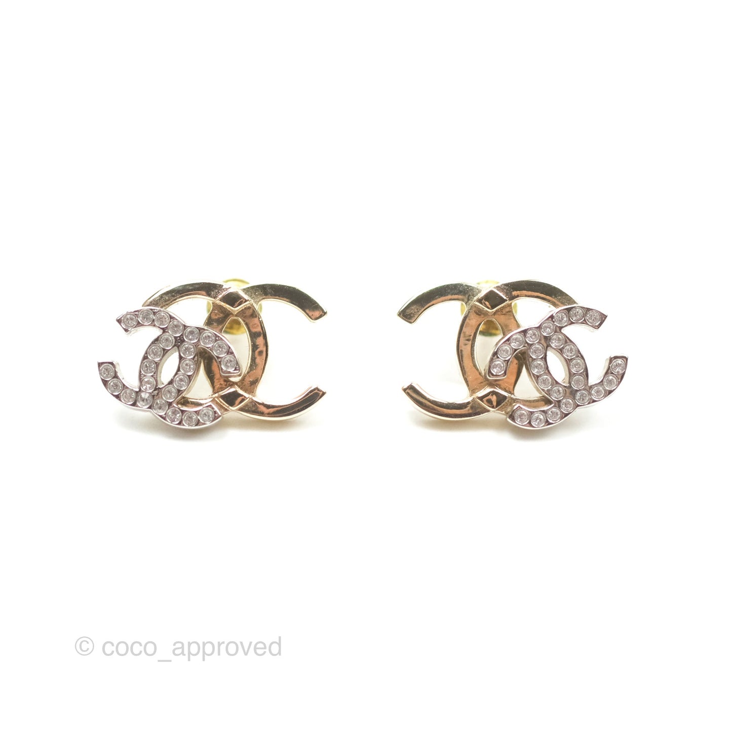 Chanel Double Crystal CC Earrings Silver & Gold Tone 21A
