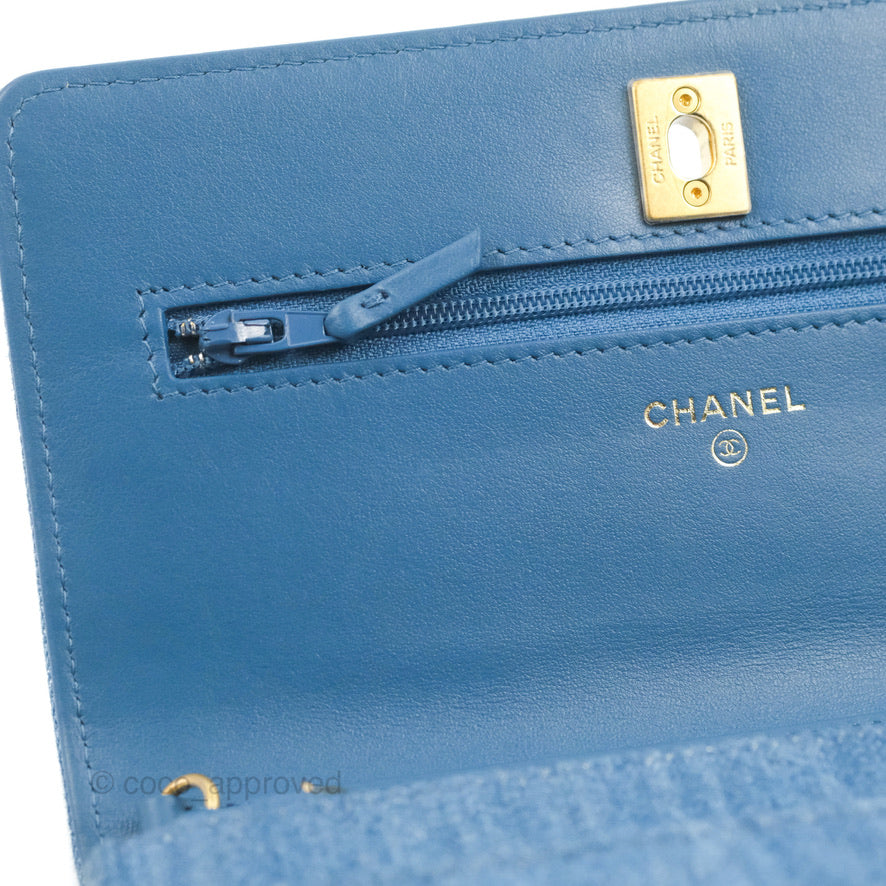 Chanel Quilted Pearl Crush Wallet on Chain WOC Denim Aged Gold Hardware