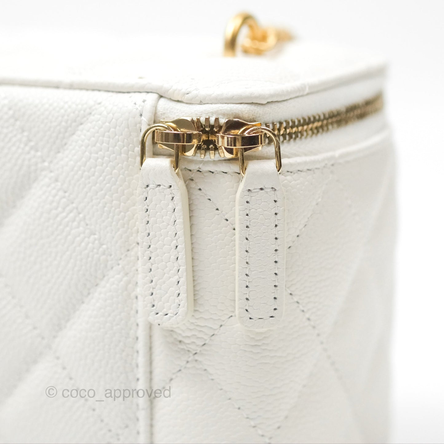 Chanel Vanity with Heart Adjustable Chain White Caviar Aged Gold Hardware