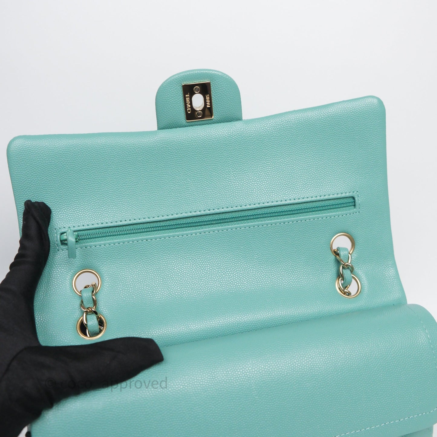Chanel Classic M/L Medium Flap Quilted Tiffany Green Caviar Gold Hardware