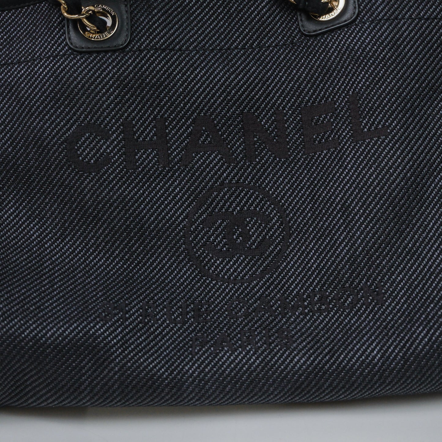 Chanel Large Deauville Charcoal Grey Canvas Light Gold Hardware