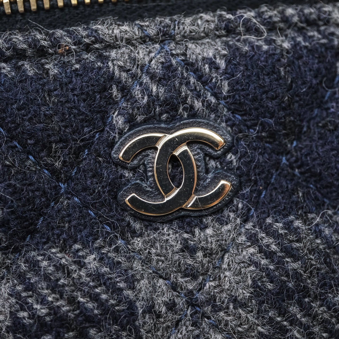 Chanel Vanity With Chain Navy Tweed Plaid Gold Hardware