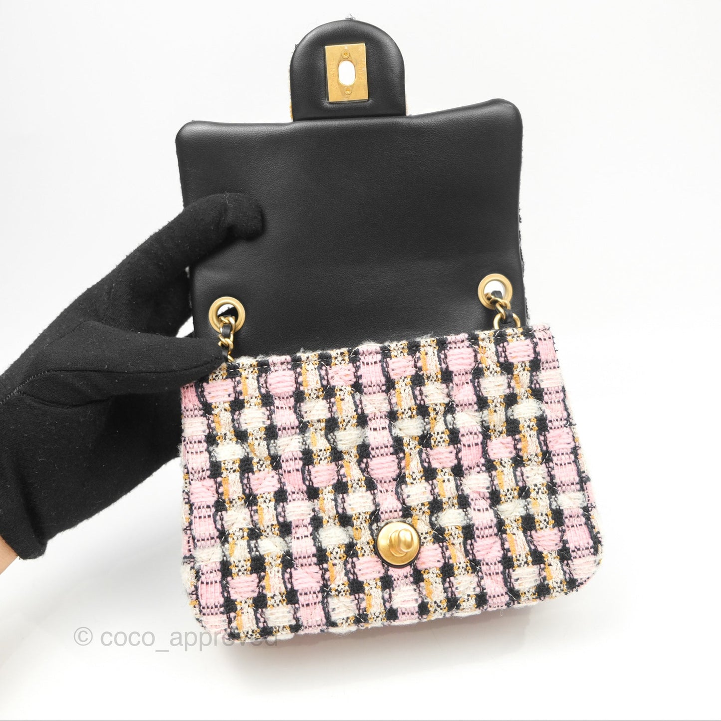 Chanel Pearl Crush Mini Square Quilted Pink Tweed Aged Gold Hardware