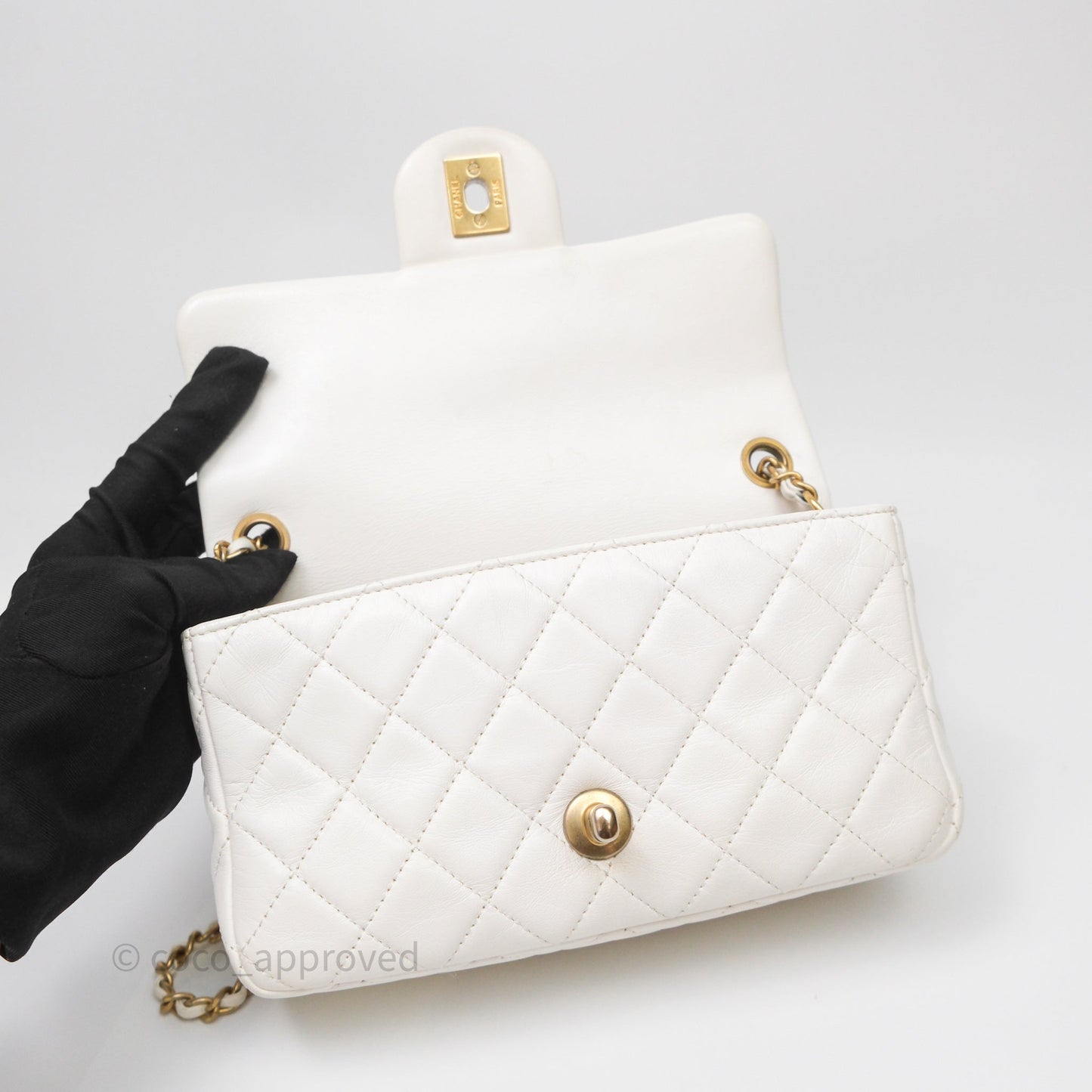 Chanel Mini Rectangular Pearl Crush Quilted White Lambskin Aged Gold Hardware