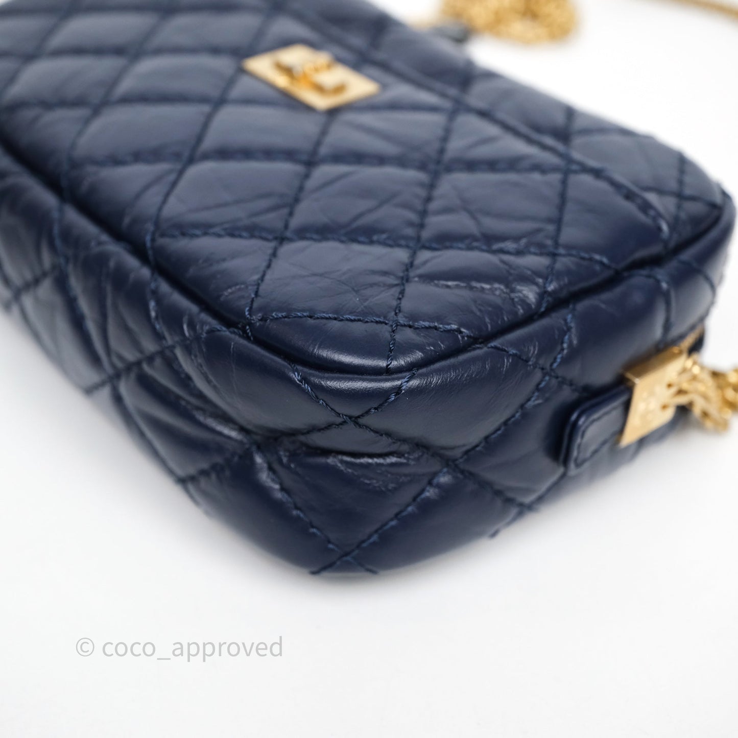 Chanel Quilted Mini Reissue Camera Case Navy Aged Calfskin Aged Gold Hardware