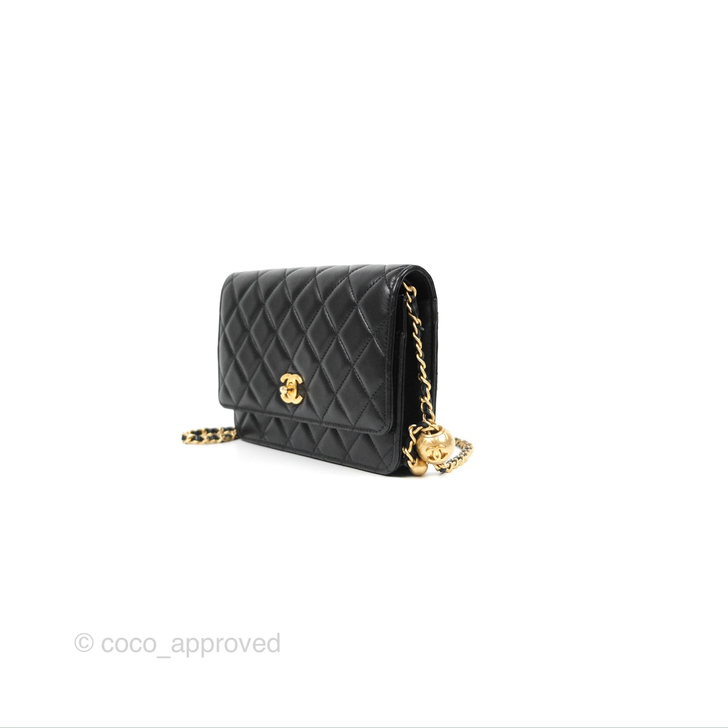 Chanel Quilted Pearl Crush Wallet on Chain WOC Black Lambskin Aged Gold Hardware