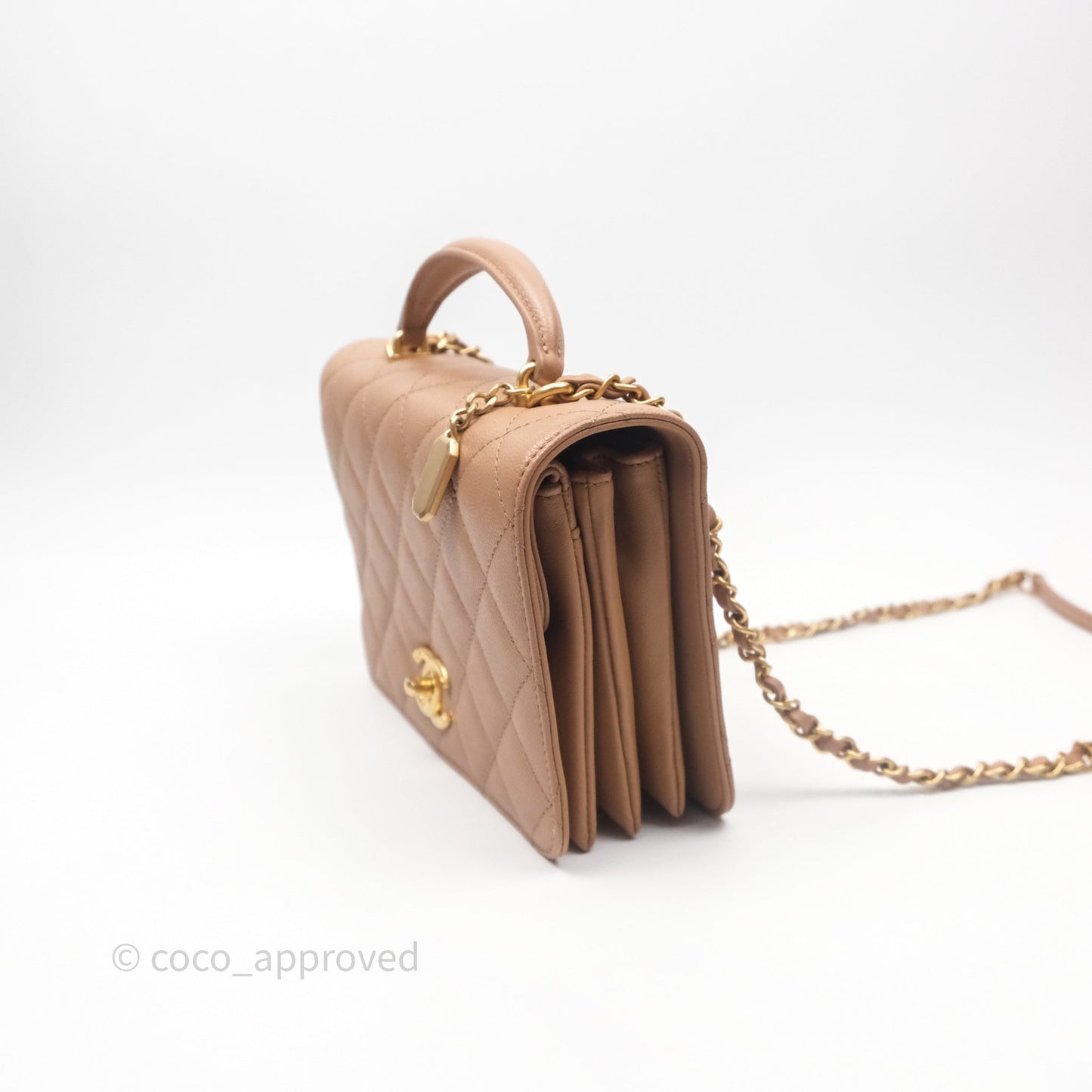 Chanel Quilted Accordion Flap Bag with Handle Beige Caviar Aged Gold Hardware 23B