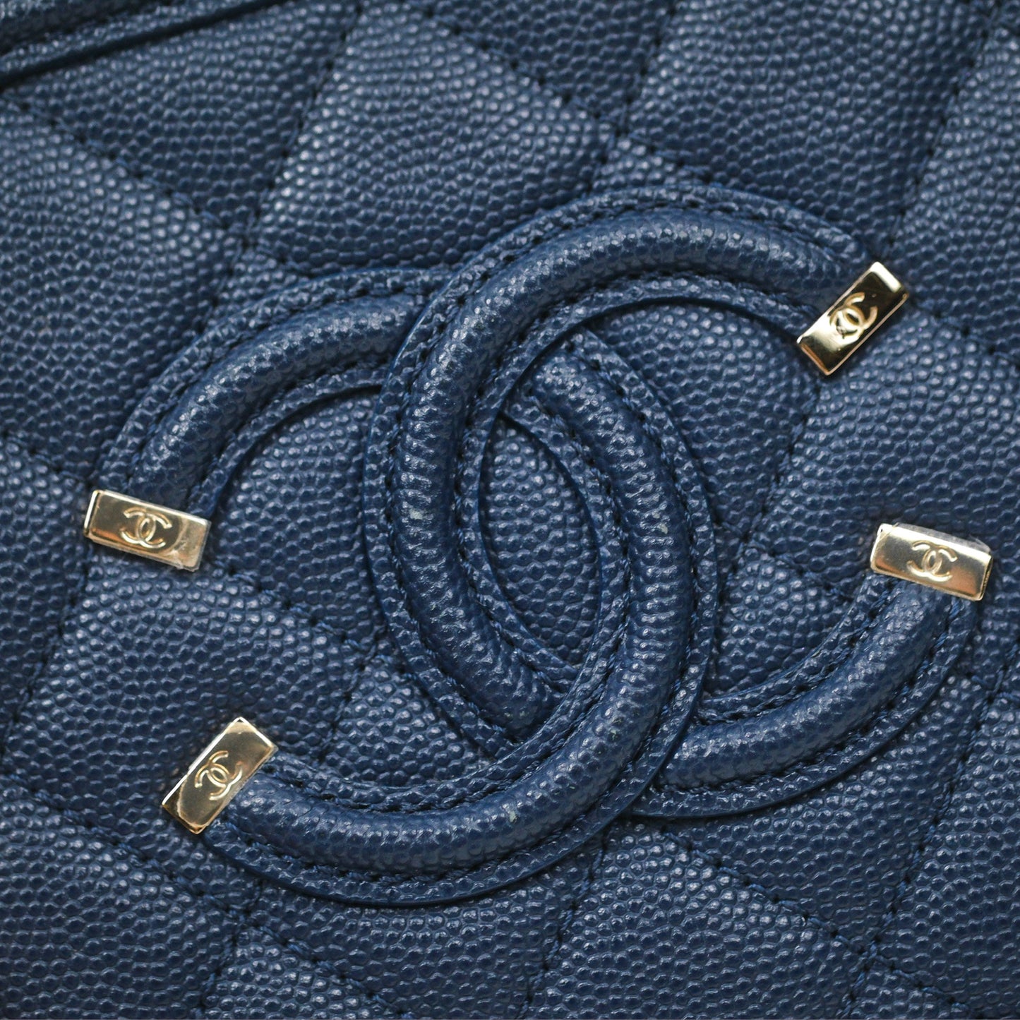 Chanel Quilted Small CC Filigree Vanity Case Navy Caviar Gold Hardware