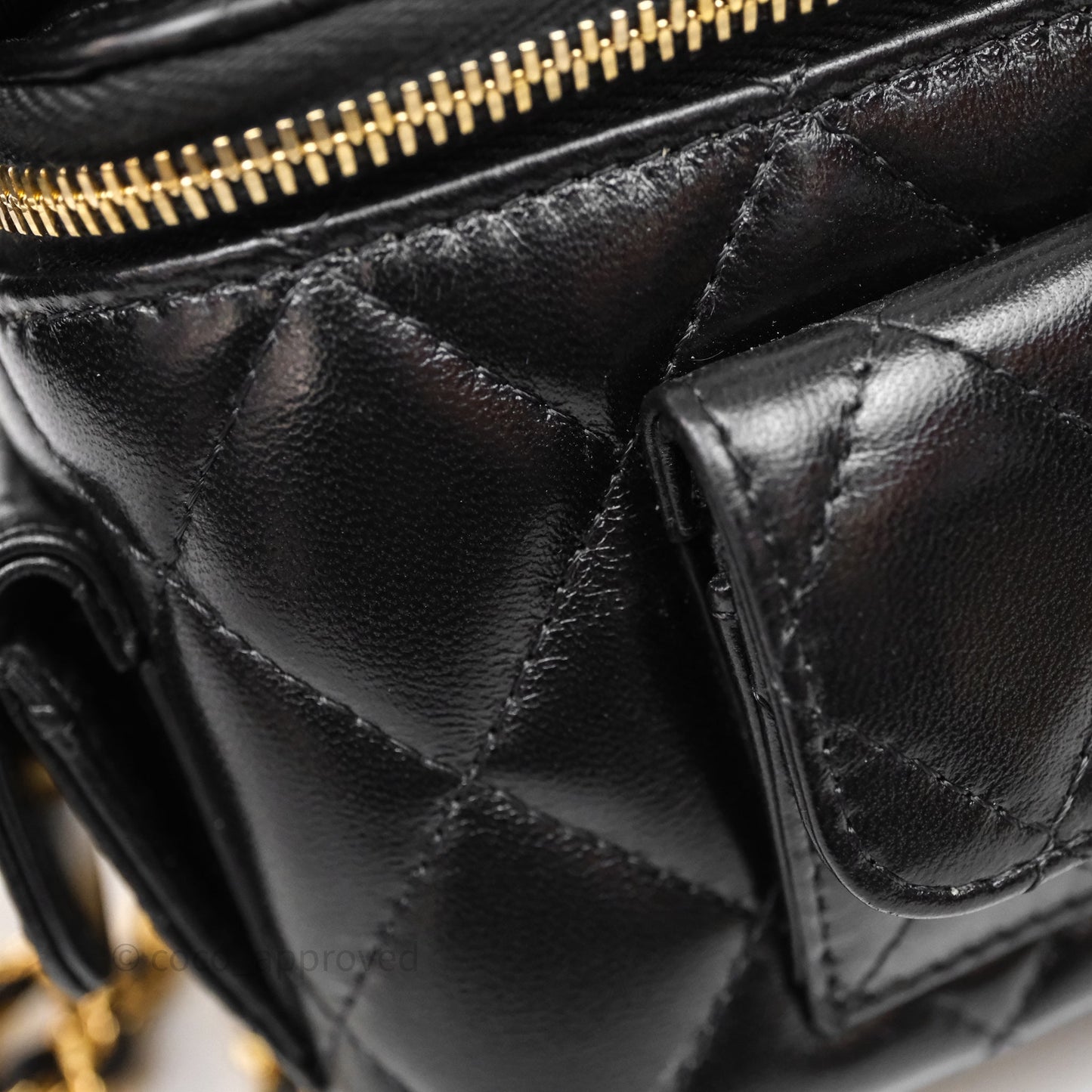 Chanel Quilted Top Handle Pocket Vanity Case Black Shiny Lambskin Bag Gold Hardware