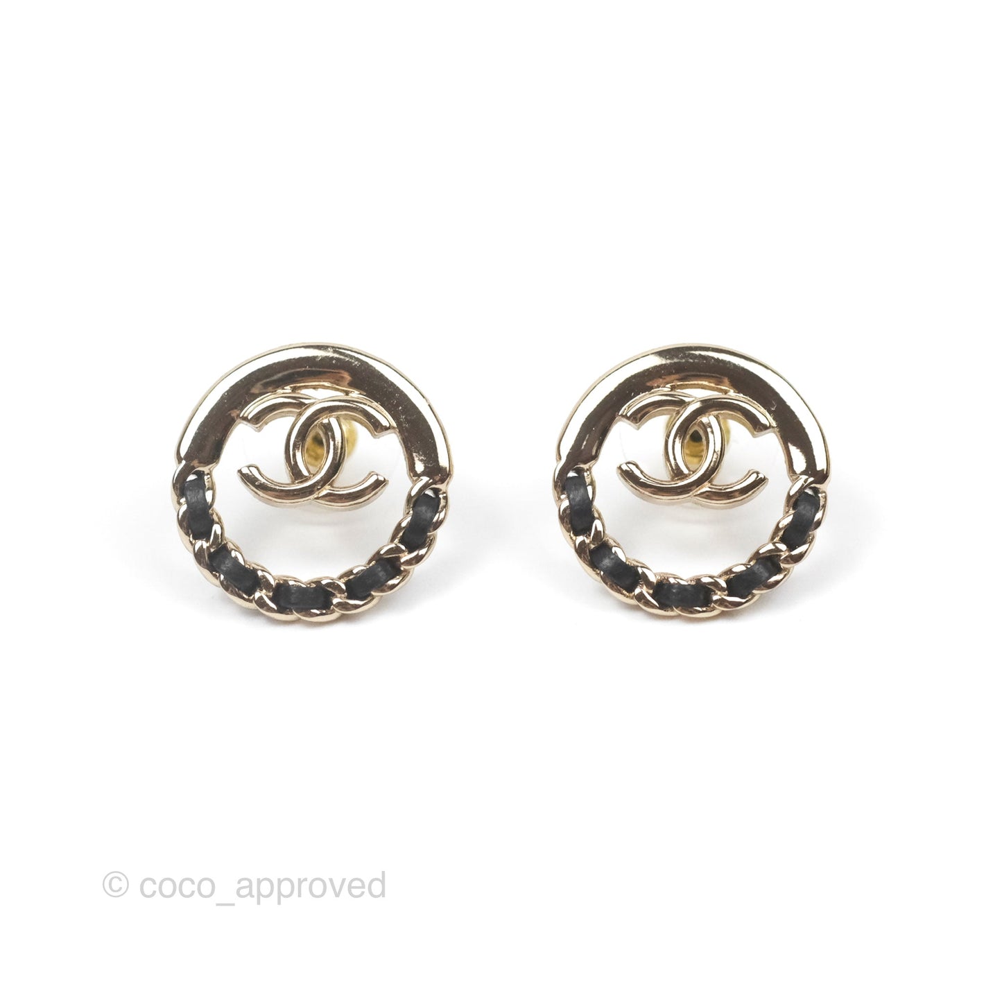 Chanel CC Woven Chain Black Round Earrings Gold Tone 24V