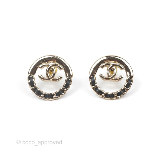 Chanel CC Woven Chain Black Round Earrings Gold Tone 24V