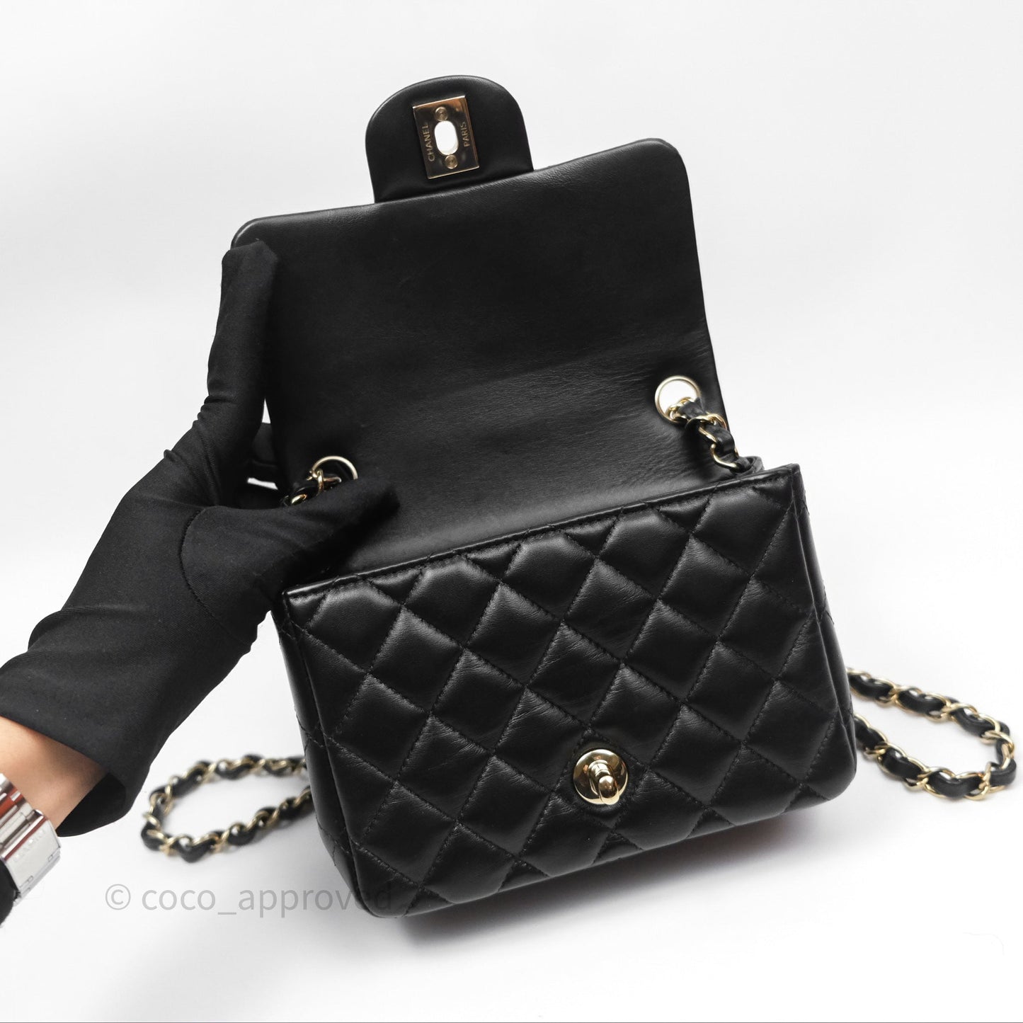 Chanel Mini Square Flap Quilted Black Lambskin Gold Hardware