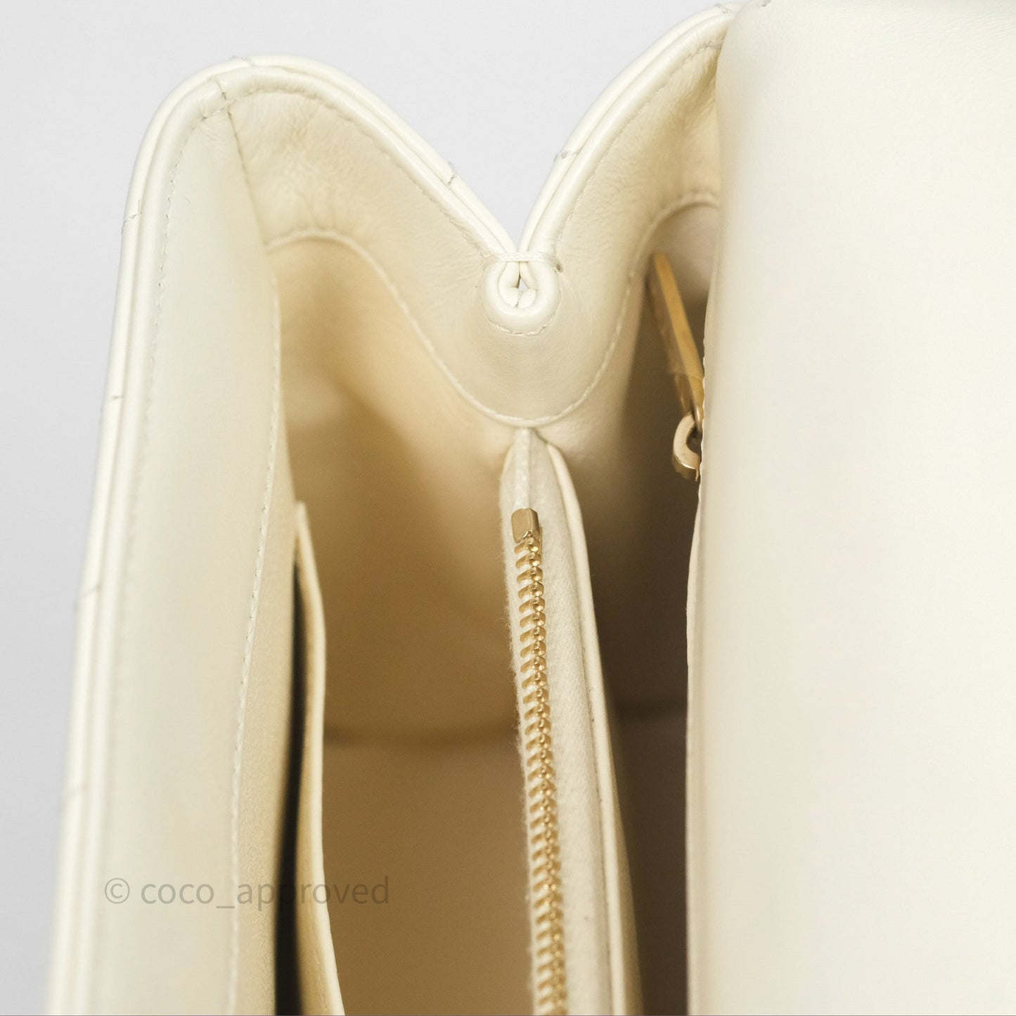 Chanel Medium Coco Handle Chevron Aged Calfskin Ivory Aged Gold Hardware Beige Lizard Handle