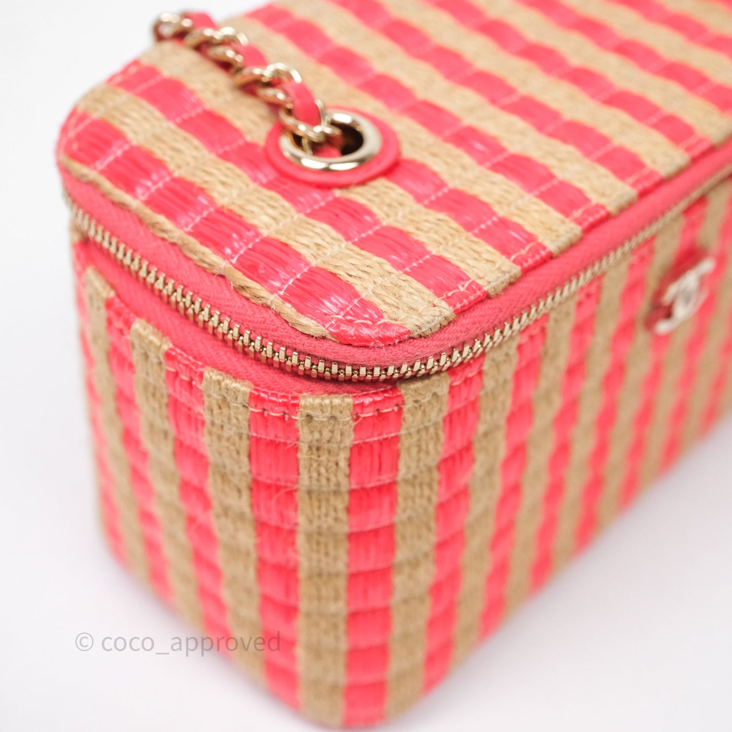 Chanel Vanity With Chain Striped Raffia Orange Gold Hardware