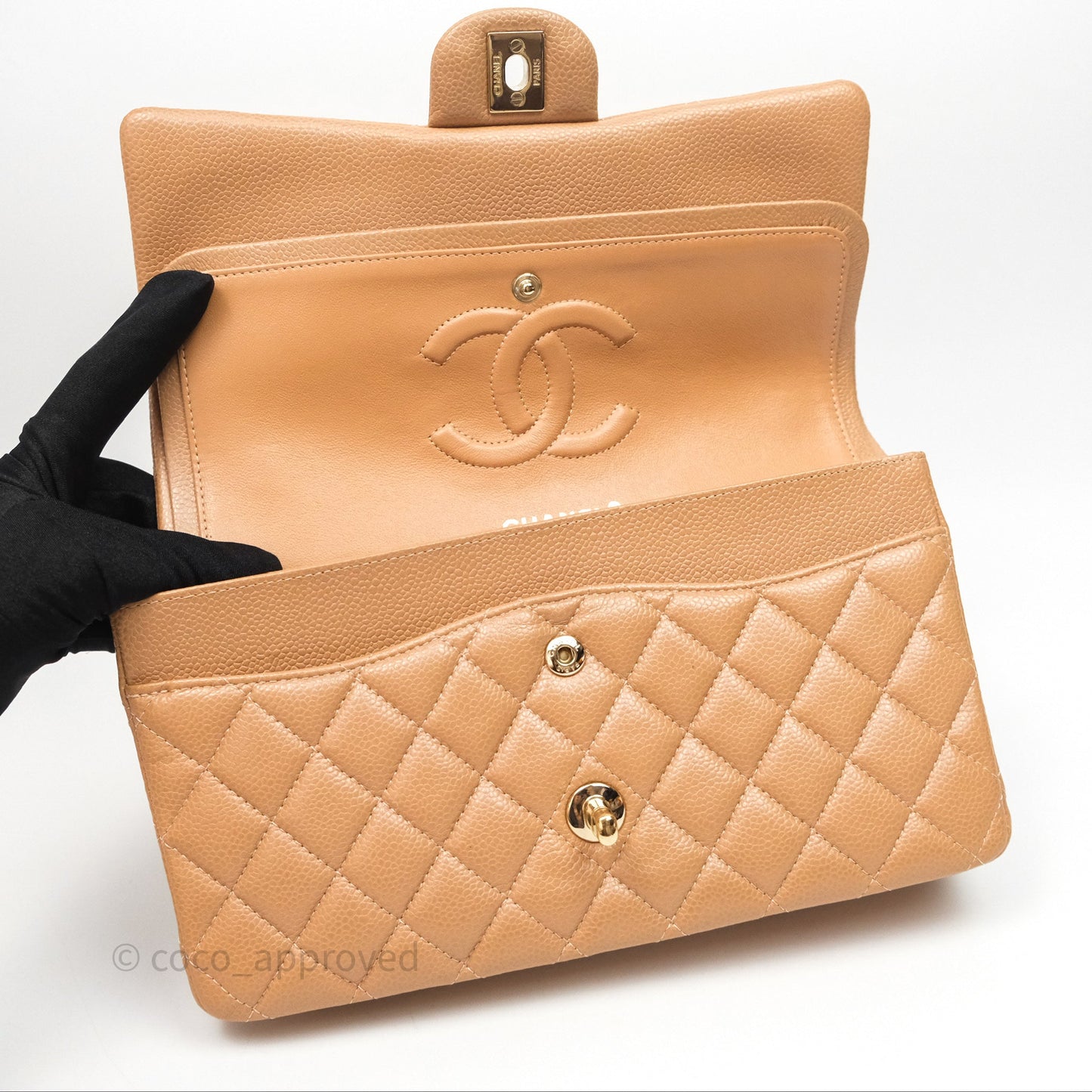 Chanel Classic M/L Medium Flap Quilted Beige Caviar Gold Hardware