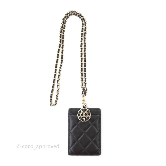 Chanel Quilted Chain Infinity Card Holder Black Lambskin Gold Hardware