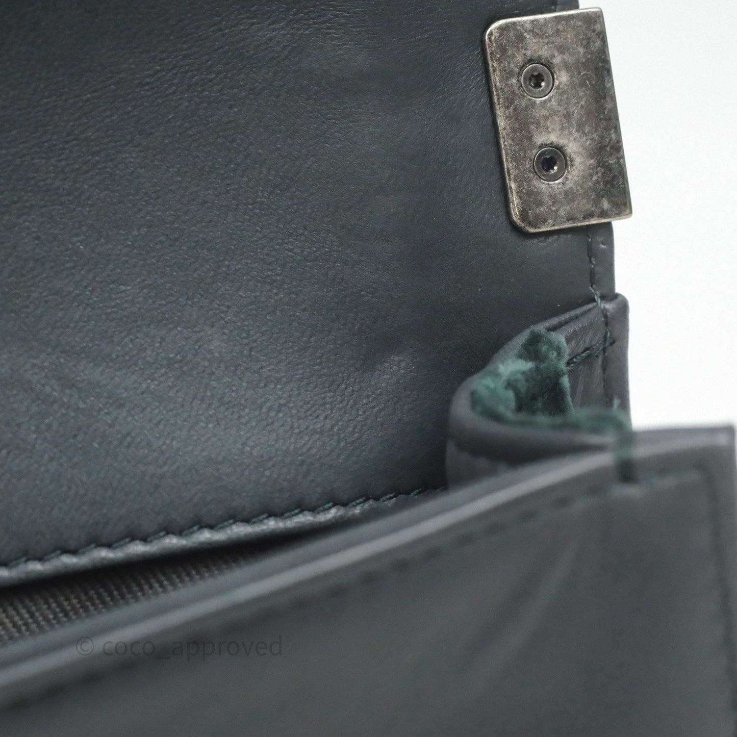 Chanel Small Boy Quilted Dark Green Velvet Ruthenium Hardware